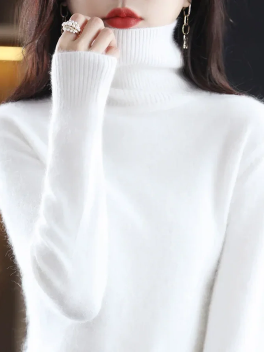 100% Mink Cashmere High Neck Knit Pullover Sweater Warm Top | Cream White & White