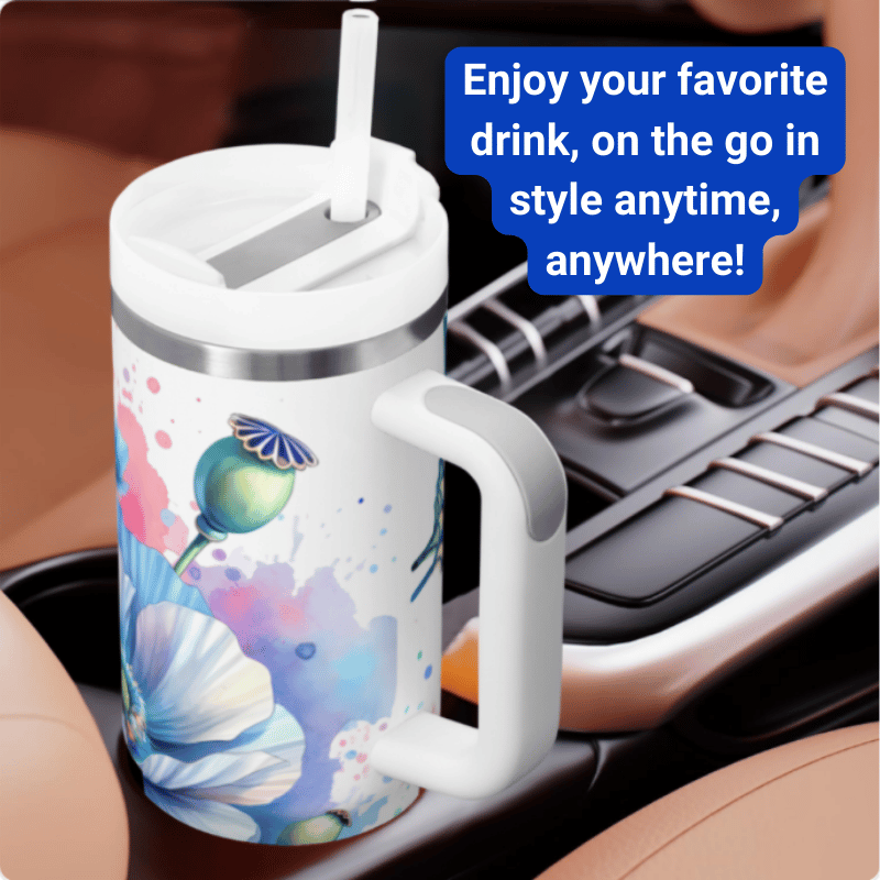 a travel mug with a handle on a car dashboard