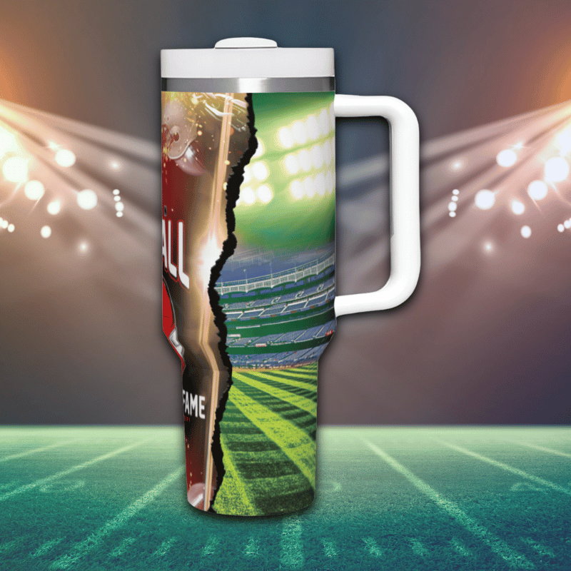 a coffee mug with a picture of a football stadium