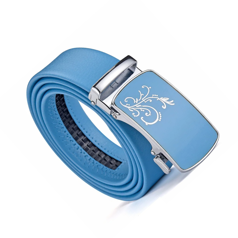 Sky Blue Automatic Buckle Belt With Flower Swirl