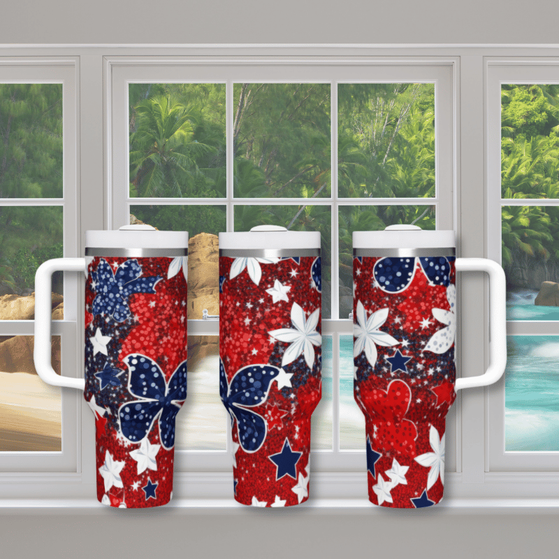 three red, white, and blue tumblers sitting on a window sill