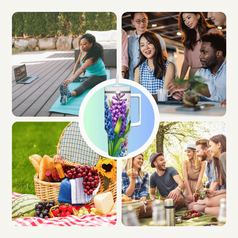 a collage of photos of people having a picnic