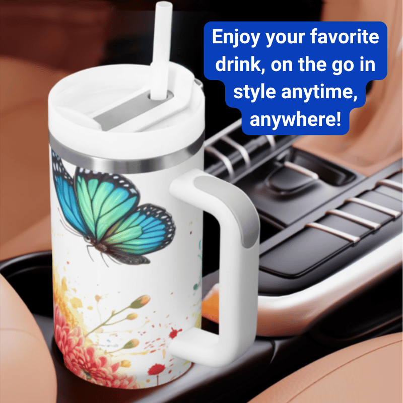 a coffee mug with a blue butterfly on it