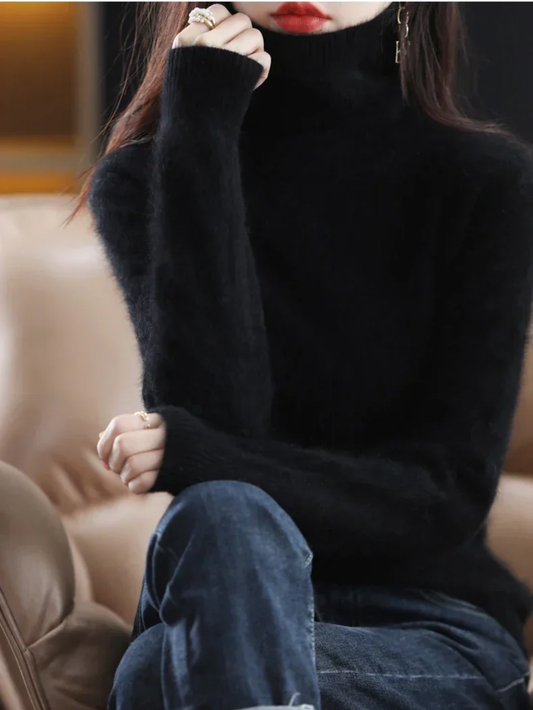 Black 100% Mink Cashmere High Neck Knit Pullover Sweater Warm Top