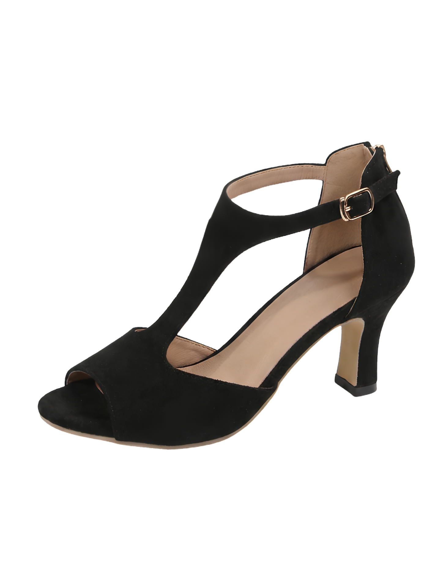 Fishmouth T-Strap Low Heeled Sandals With Back Zip