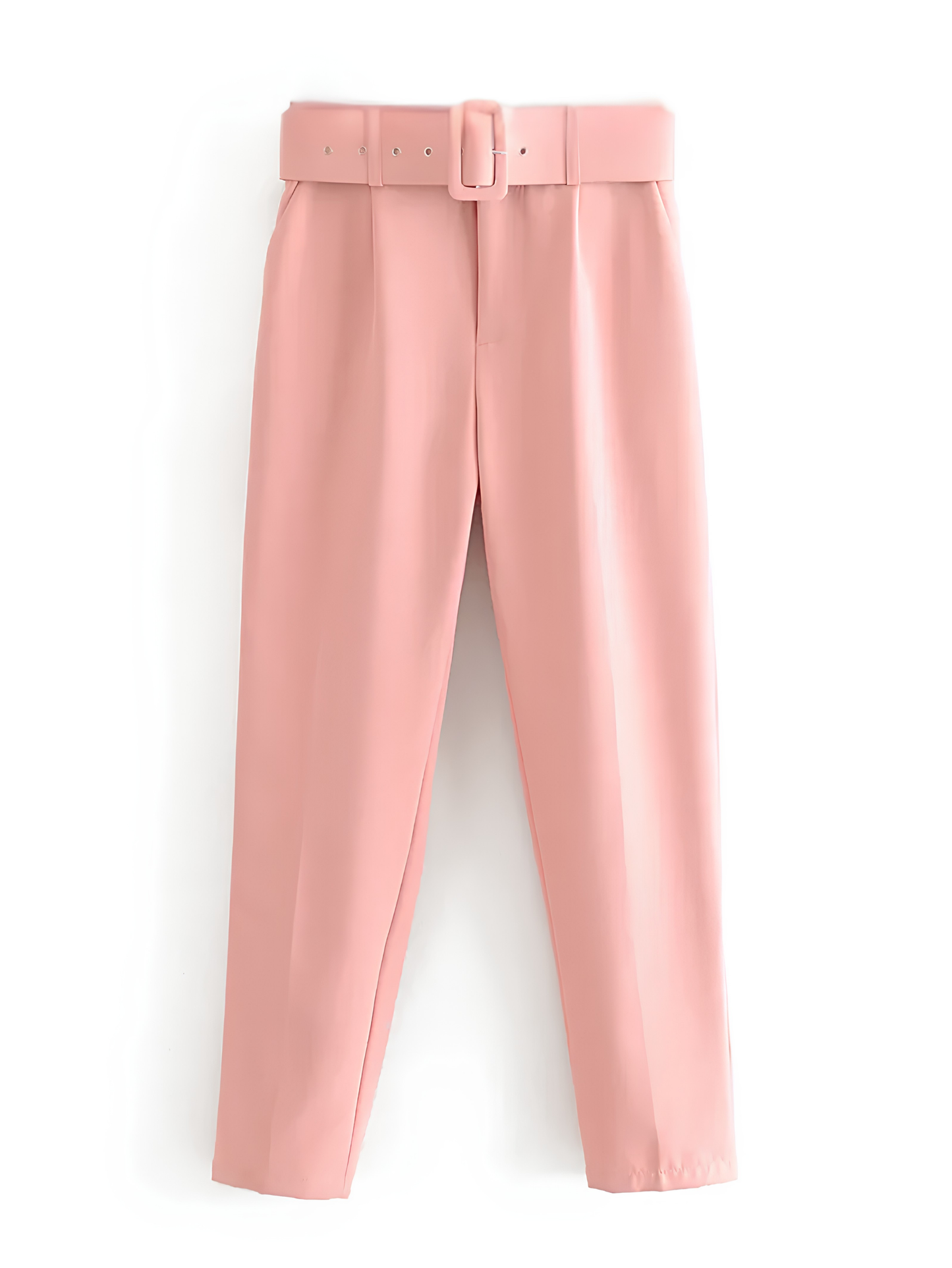 Powder Pink High Waist Buttoned Pants With Belt