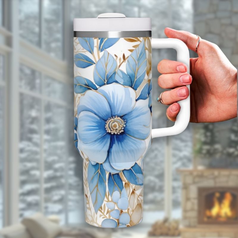 Blue with Gold Trim Christmas Flowers | 40 oz Tumbler