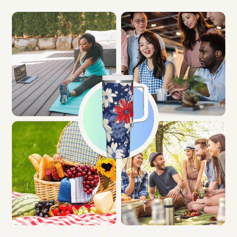 a collage of photos of people having a picnic