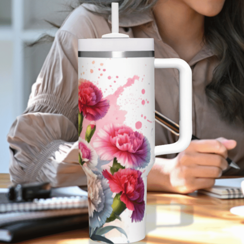 a woman sitting at a desk with a coffee mug