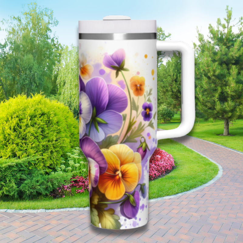 a white coffee mug with colorful flowers painted on it