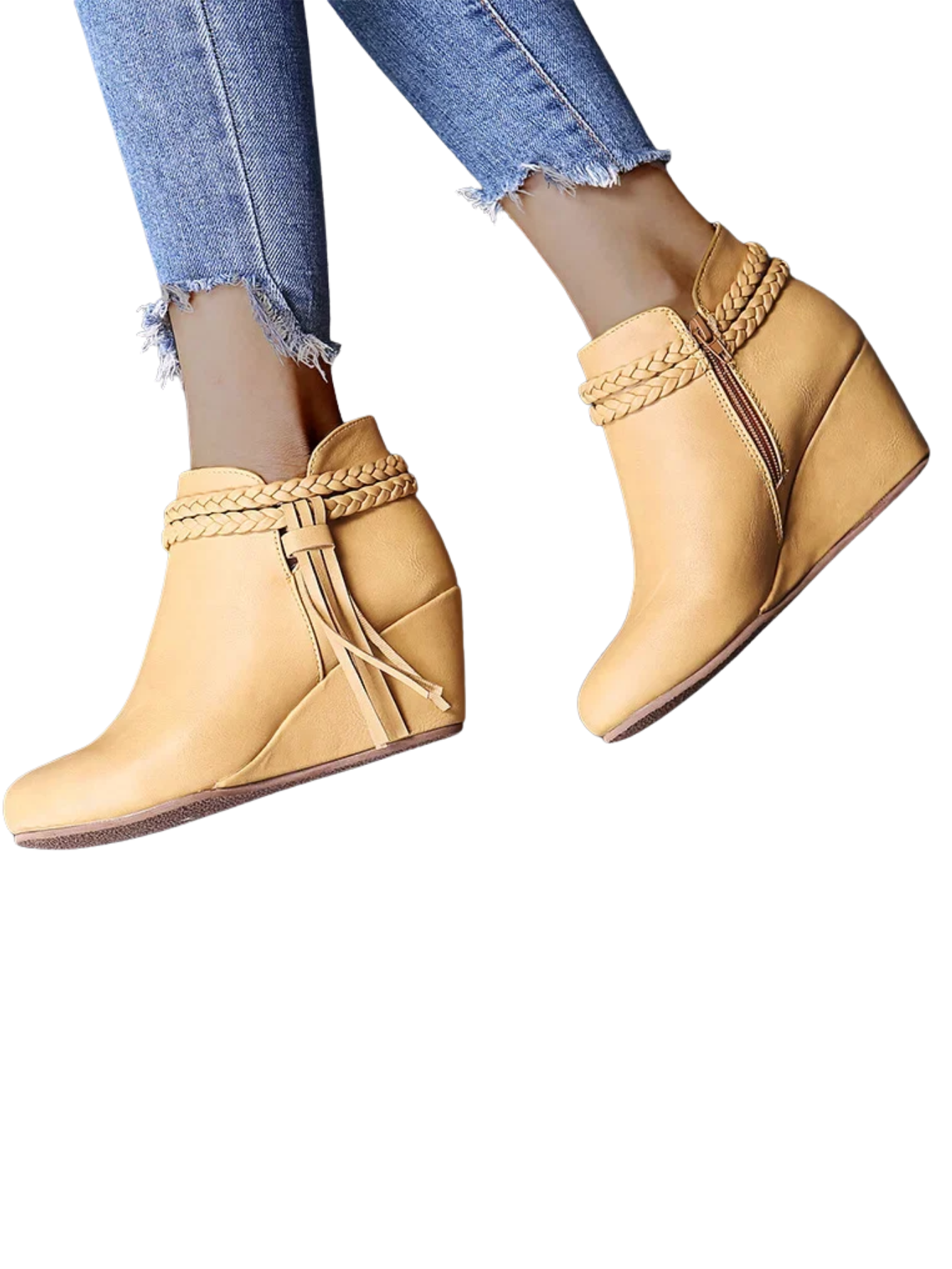 Retro Wedge Heel Boots With Tassels Zipper Round Toe