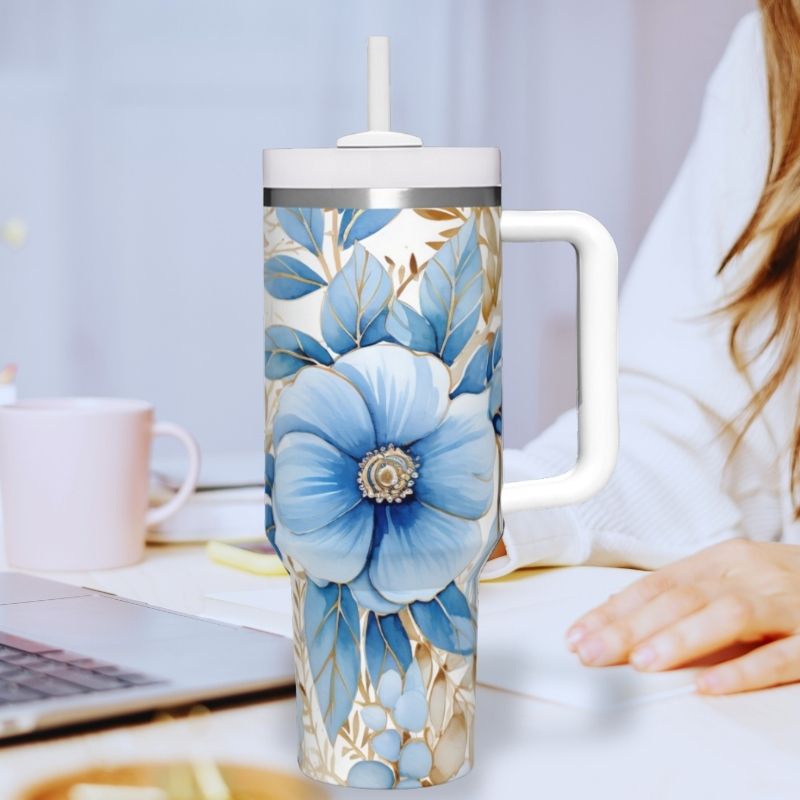 Blue with Gold Trim Christmas Flowers | 40 oz Tumbler