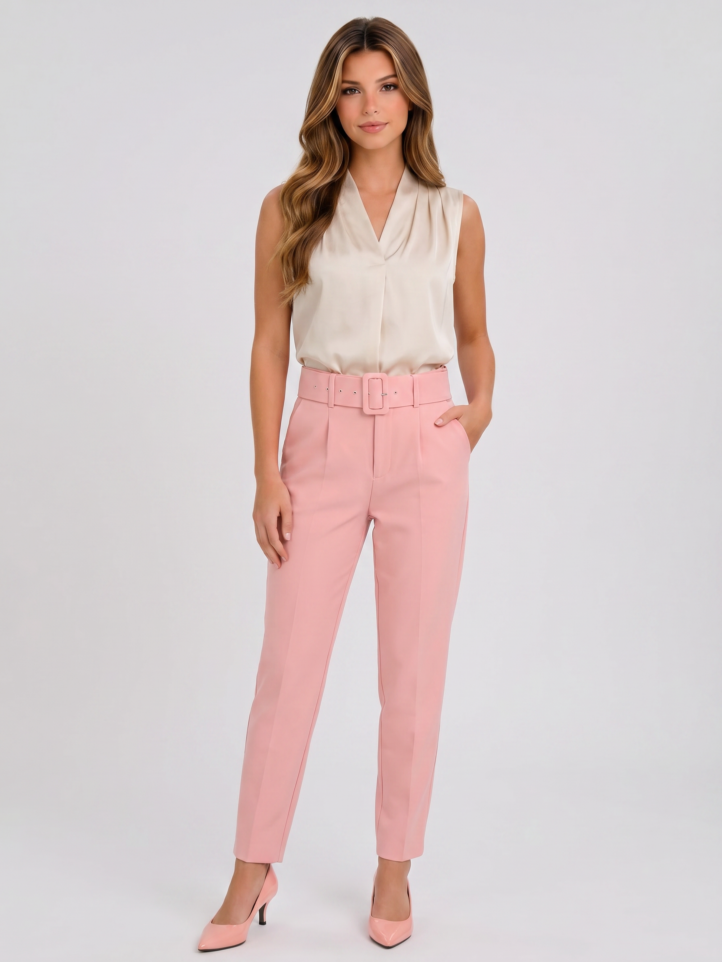 Powder Pink High Waist Buttoned Pants With Belt