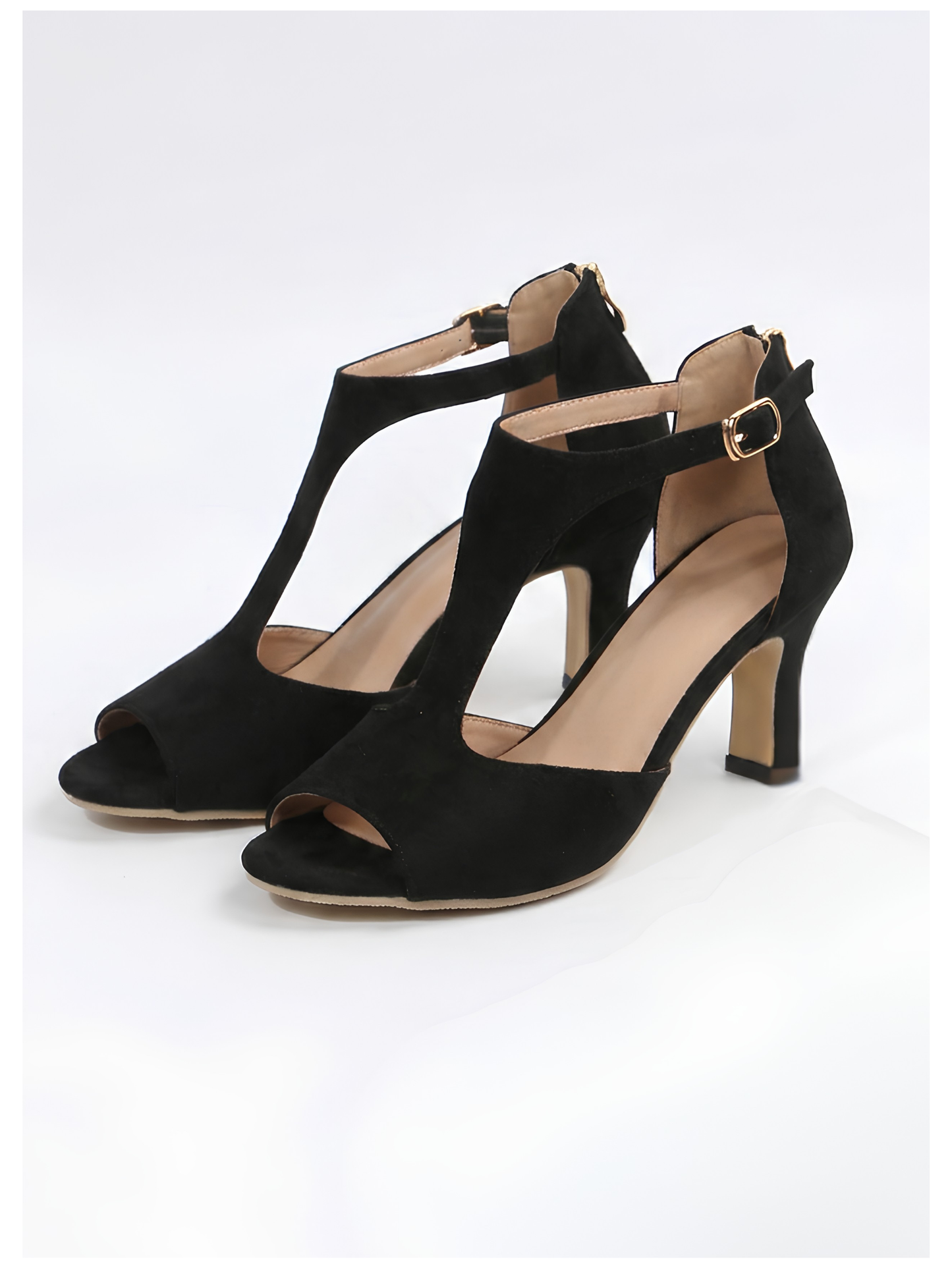 Fishmouth T-Strap Low Heeled Sandals With Back Zip