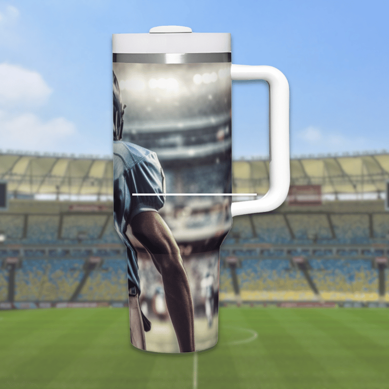 a cup with a picture of a soccer player on it