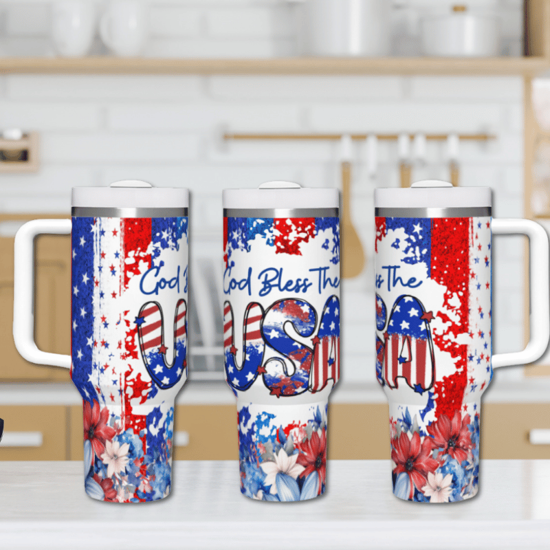 three patriotic coffee mugs sitting on a counter