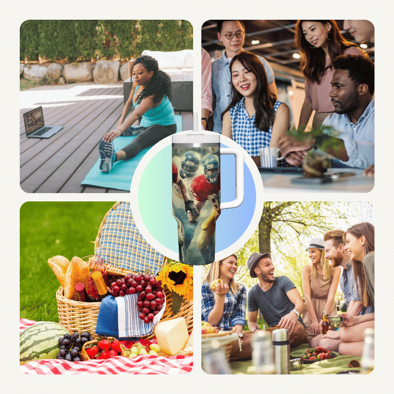 a collage of photos of people having a picnic