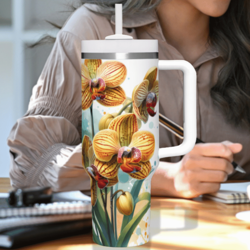 a woman sitting at a desk with a coffee mug