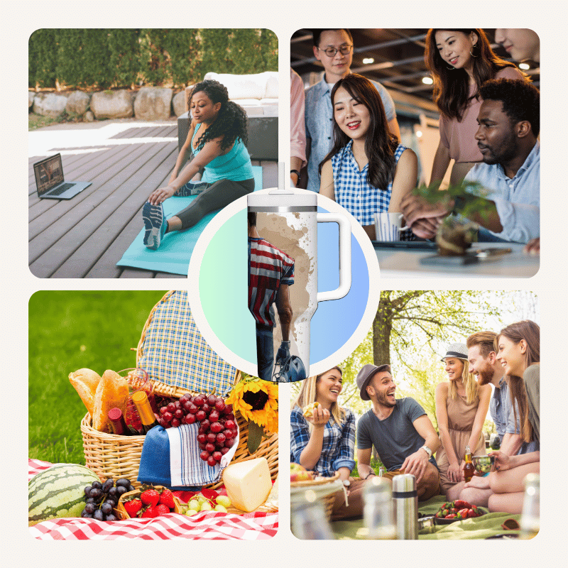 a collage of photos of people having a picnic