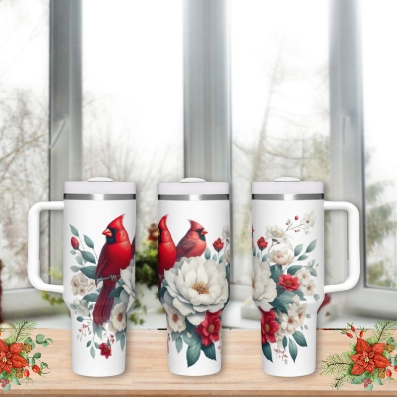 Red Cardinal with White Flowers | 40 oz Tumbler