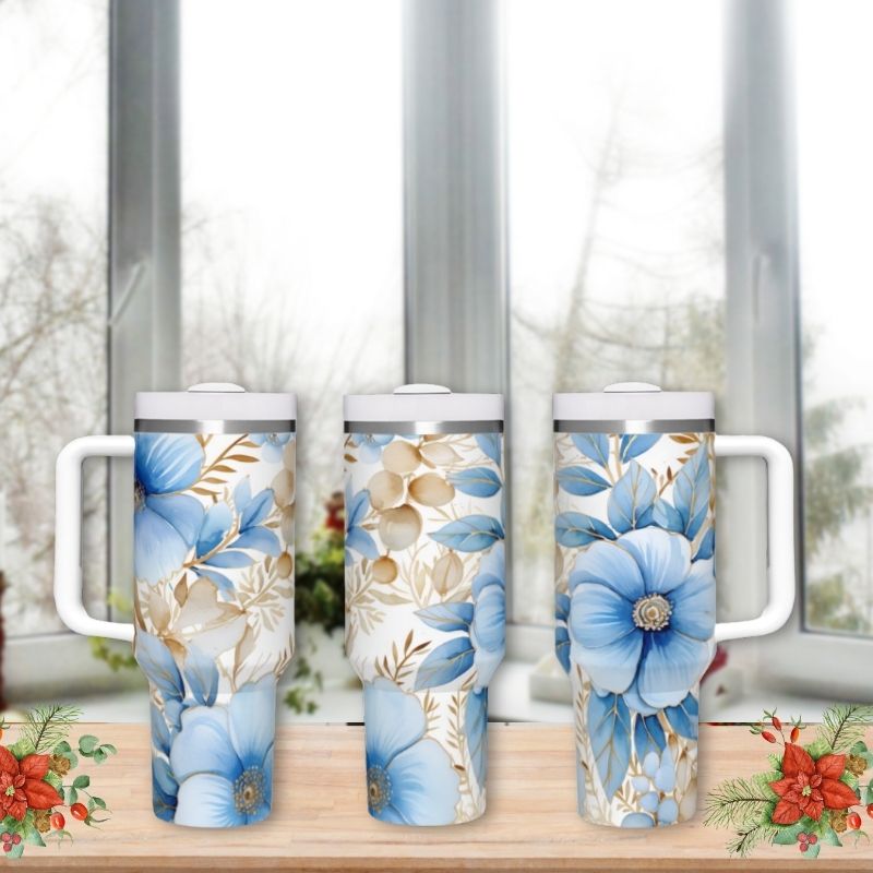 Blue with Gold Trim Christmas Flowers | 40 oz Tumbler