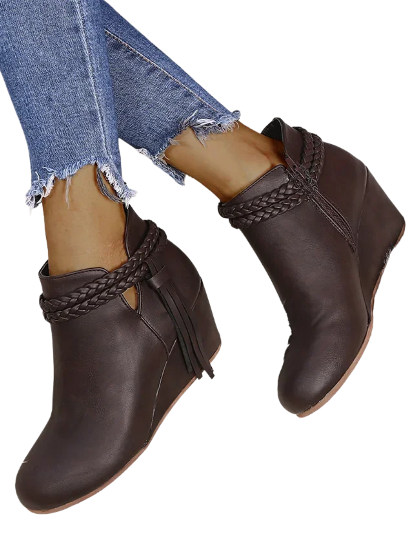 Retro Wedge Heel Boots With Tassels Zipper Round Toe
