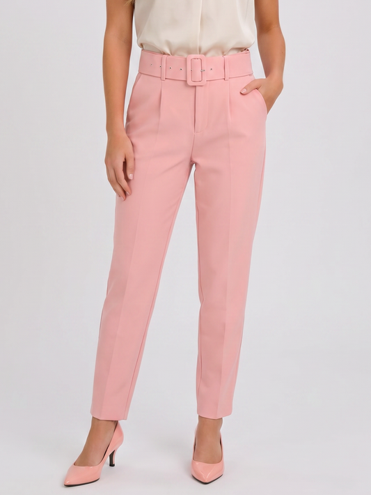 Powder Pink High Waist Buttoned Pants With Belt