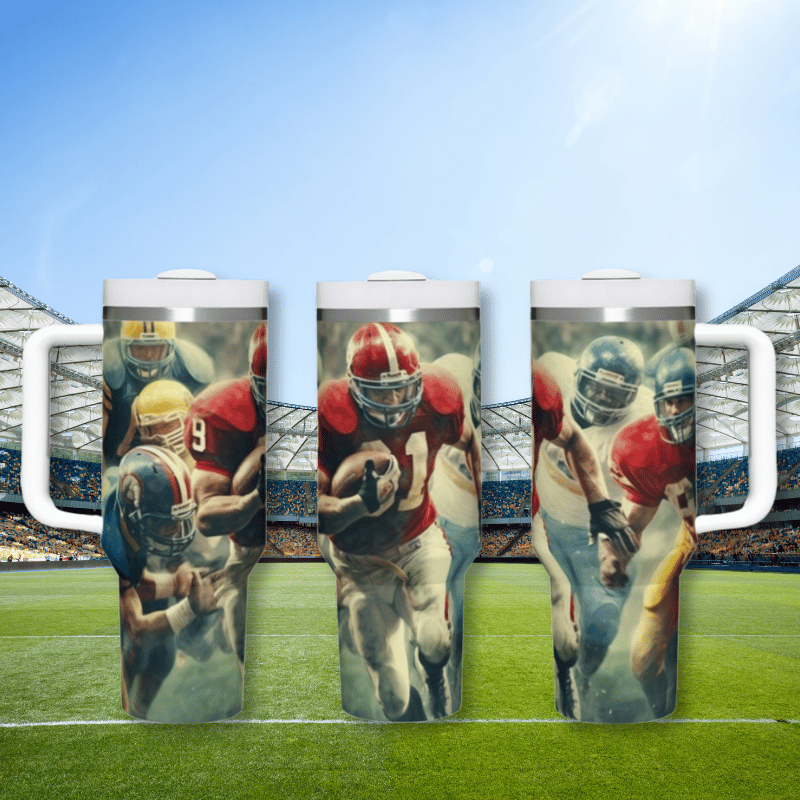 a group of three coffee mugs with a football scene on them