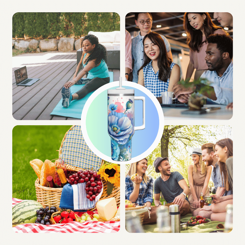 a collage of photos of people having a picnic