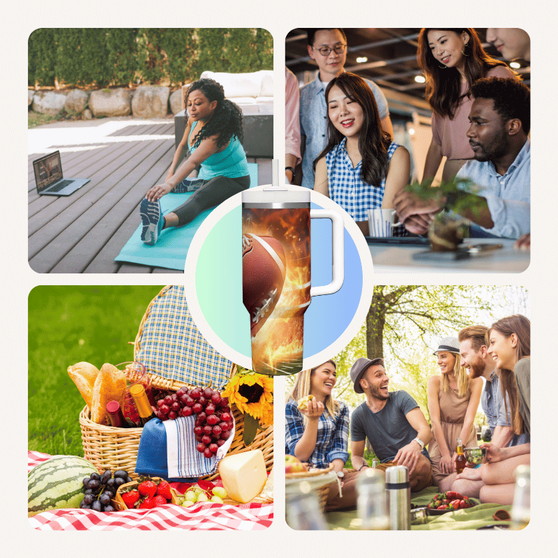 a collage of photos of people having a picnic