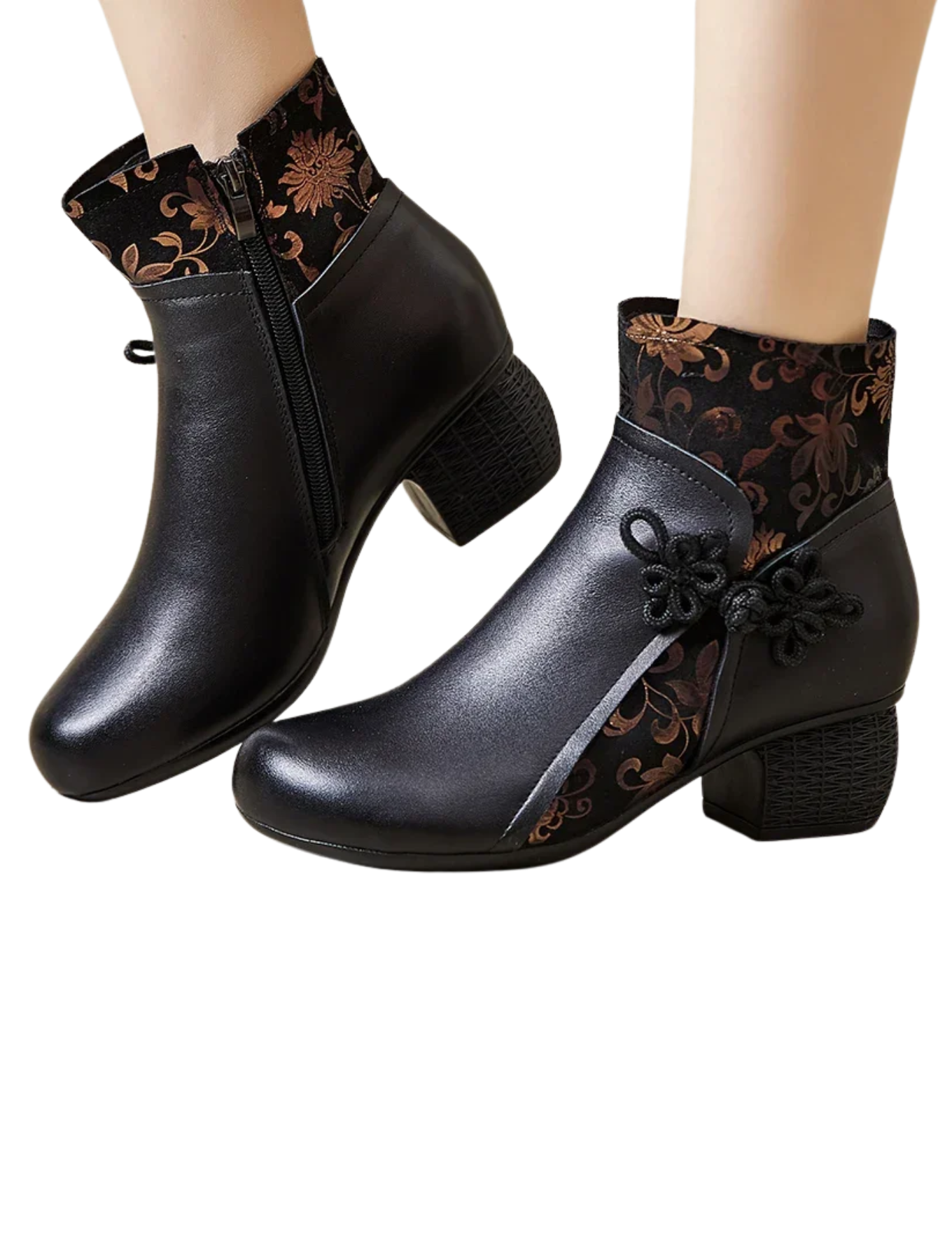 Genuine Leather Ankle Boots With Ethnic Print Winter