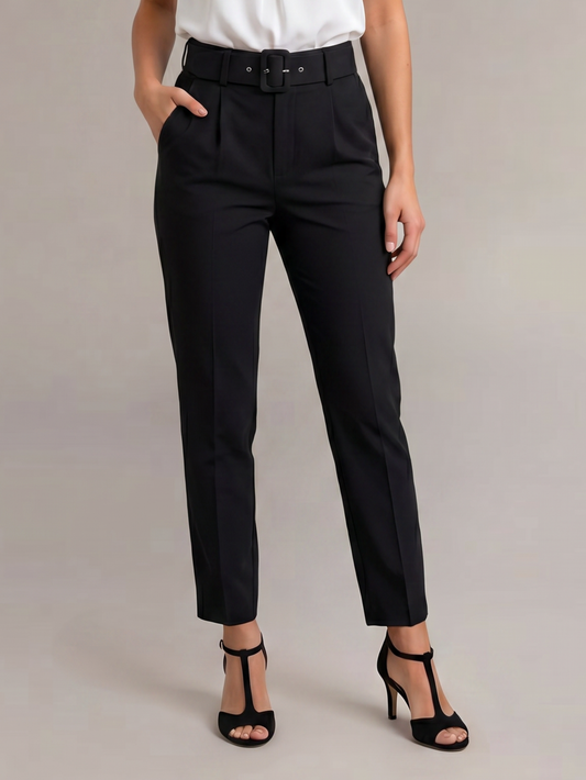 Black High Waist Casual Pants With Belt Buttons