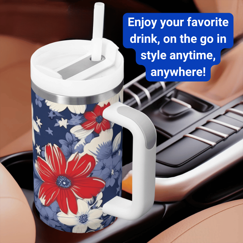 a travel mug with a phone in the background