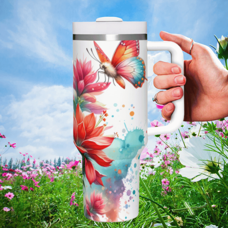 a person holding a coffee mug in a field of flowers