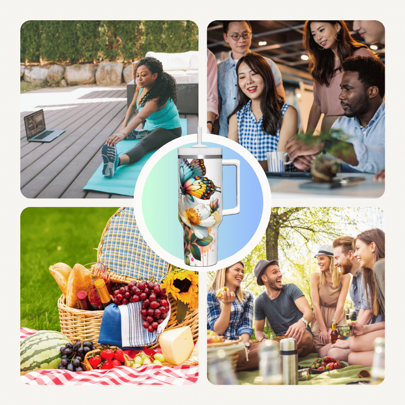 a collage of photos of people having a picnic