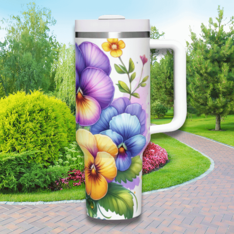 a white coffee mug with colorful flowers painted on it