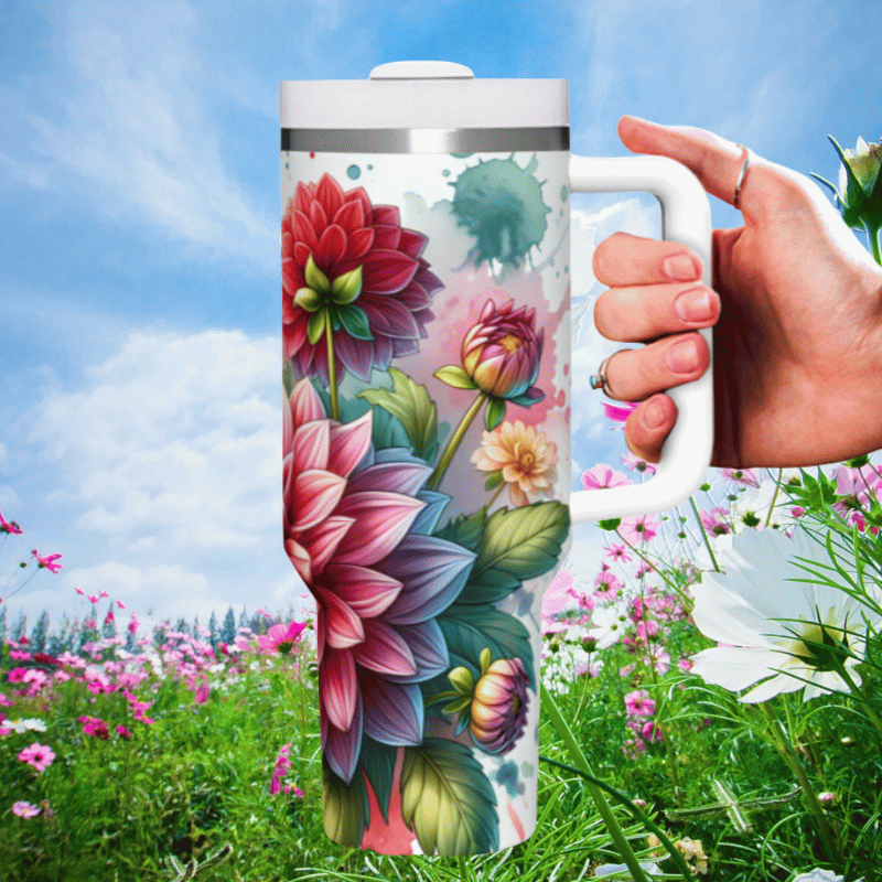 a hand holding a coffee mug in a field of flowers