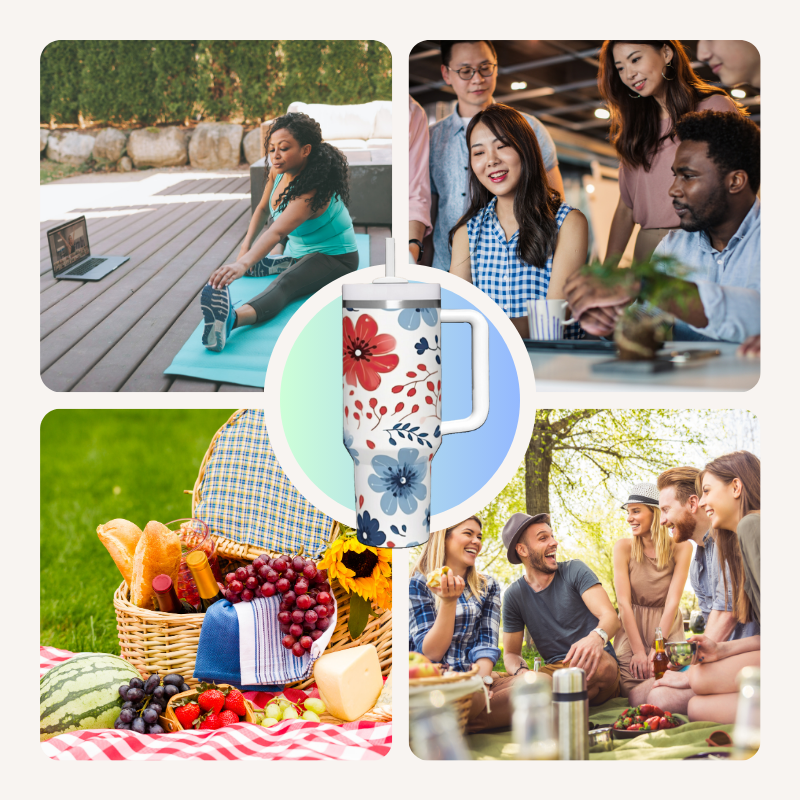 a collage of photos of people having a picnic