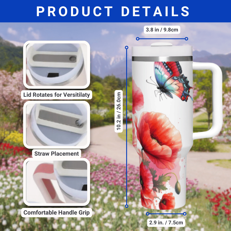 the product details for the travel mug