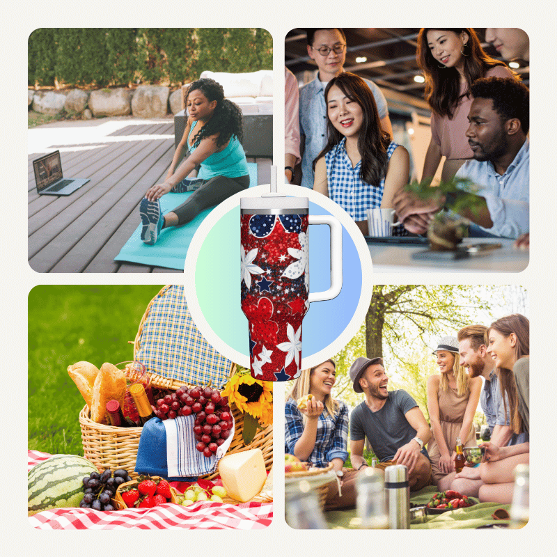 a collage of photos of people having a picnic