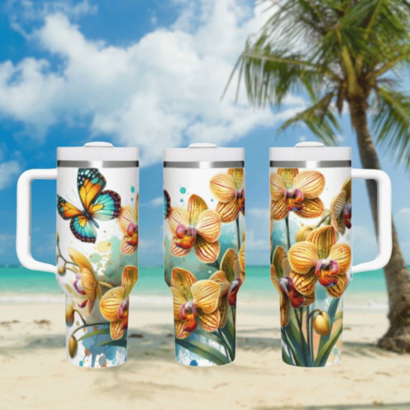 three travel mugs on a beach with a palm tree in the background