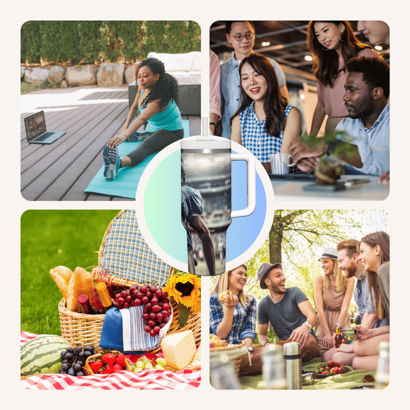 a collage of photos of people having a picnic