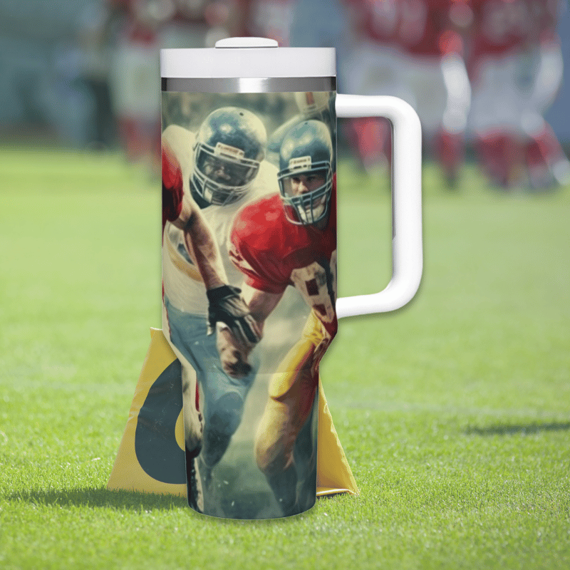 a coffee mug with a picture of a football player on it