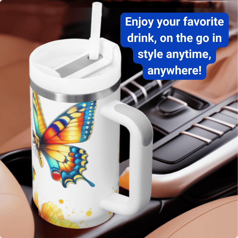 a coffee mug with a butterfly on it