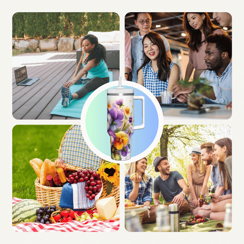 a collage of photos of people having a picnic