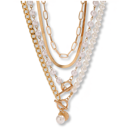Layered Pearl and Thick Chain Choker Necklace