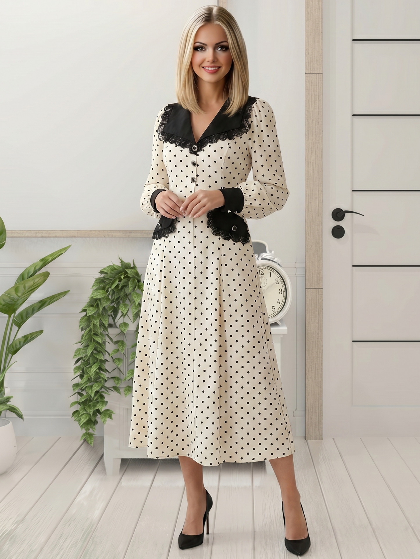Slim Print Womens Dress With Doll Collar For Office Midi