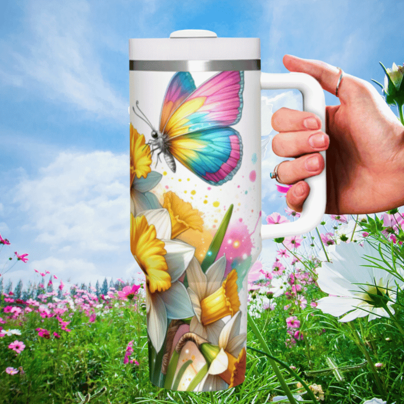 a hand holding a coffee mug in a field of flowers