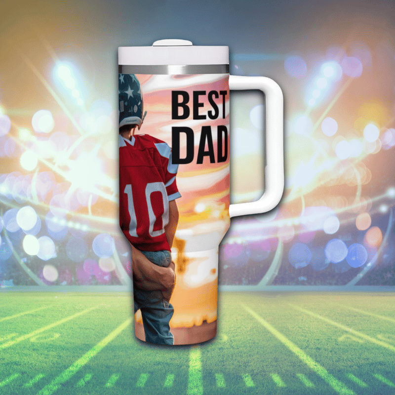 a large mug with a football player on it