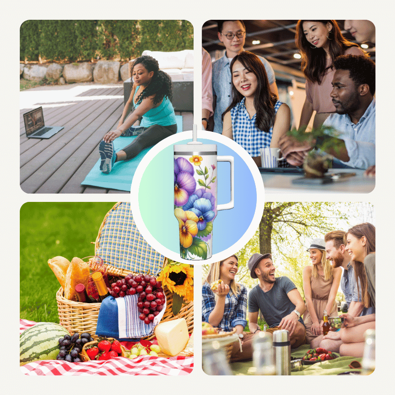 a collage of photos of people having a picnic